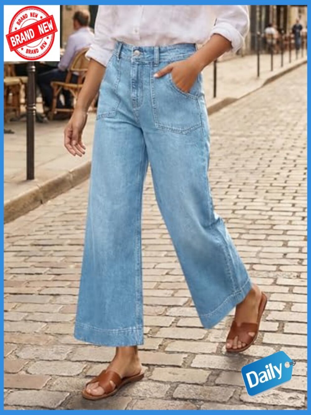 High Waisted Baggy Wide Leg Cropped Jeans Stretchy Denim Pants - Picture 6 of 7